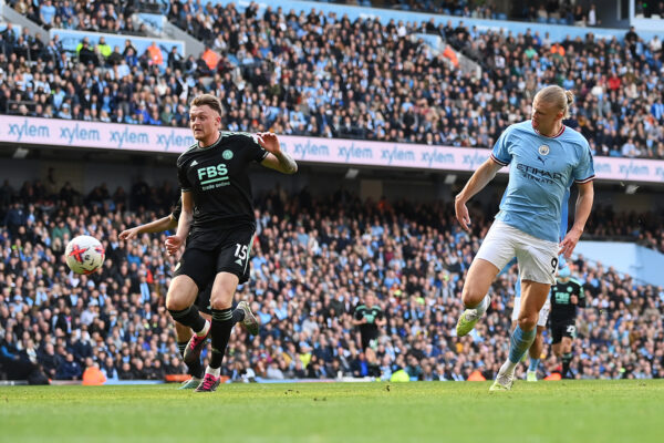 MANCHESTER, ENGLAND - APRIL 15: Erling Haaland of Manchester City scores the team's third goal during the Premier League match between Manchester City and Leicester City at Etihad Stadium on April 15, 2023 in Manchester, England. 