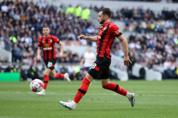LONDON, ENGLAND - APRIL 15: Matias Vina of AFC Bournemouth scores the team's first goal during the Premier League match between Tottenham Hotspur and AFC Bournemouth at Tottenham Hotspur Stadium on April 15, 2023 in London, England. 
