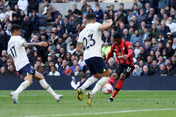 LONDON, ENGLAND - APRIL 15: Dango Ouattara of AFC Bournemouth scores the team's third goal during the Premier League match between Tottenham Hotspur and AFC Bournemouth at Tottenham Hotspur Stadium on April 15, 2023 in London, England. 
