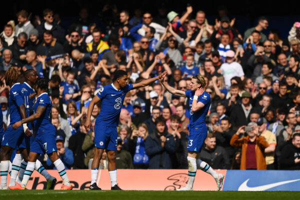 LONDON, ENGLAND - APRIL 15: Conor Gallagher of Chelsea celebrates after scoring the team's first goal during the Premier League match between Chelsea FC and Brighton & Hove Albion at Stamford Bridge on April 15, 2023 in London, England. 