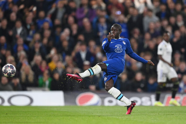 LONDON, ENGLAND - APRIL 18: Ngolo Kante of Chelsea shoots during the UEFA Champions League quarterfinal second leg match between Chelsea FC and Real Madrid at Stamford Bridge on April 18, 2023 in London, England. 