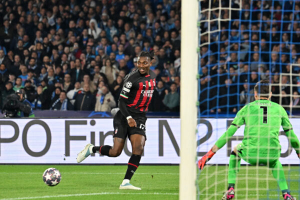 AC Milan's Portuguese forward Rafael Leao makes a decisive assist for AC Milan's French forward Olivier Giroud (not in picture) to open the scoring during the UEFA Champions League quarter-finals second leg football match between SSC Napoli and AC Milan on April 18, 2023 at the Diego-Maradona stadium in Naples. (Photo by Alberto PIZZOLI / AFP) 