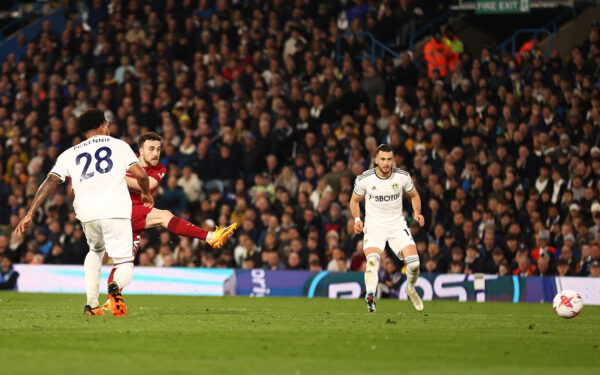 LEEDS, ENGLAND - APRIL 17: Diogo Jota of Liverpool scores the team's fifth goal during the Premier League match between Leeds United and Liverpool FC at Elland Road on April 17, 2023 in Leeds, England. 