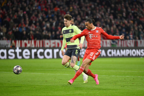MUNICH, GERMANY - APRIL 19: Leroy Sane of FC Bayern Munich shoots and misses during the UEFA Champions League quarterfinal second leg match between FC Bayern M眉nchen and Manchester City at Allianz Arena on April 19, 2023 in Munich, Germany. 