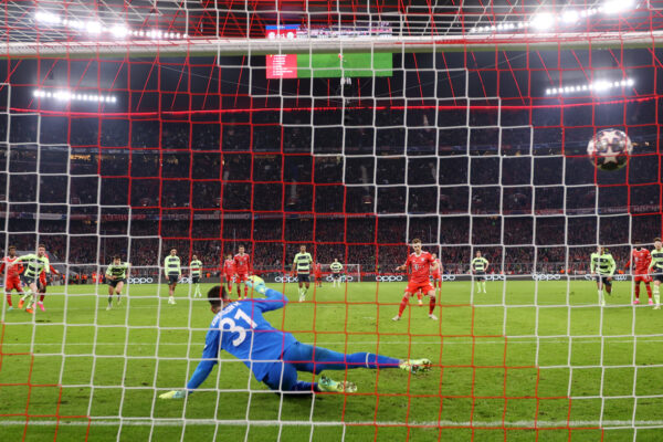 MUNICH, GERMANY - APRIL 19: Joshua Kimmich of FC Bayern Munich scores the team's first goal from a penalty kick past Ederson of Manchester City during the UEFA Champions League quarterfinal second leg match between FC Bayern M眉nchen and Manchester City at Allianz Arena on April 19, 2023 in Munich, Germany. 