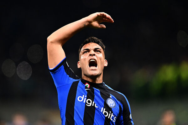 Inter Milan's Argentinian forward Lautaro Martinez celebrates after scoring his side's second goal during the UEFA Champions League quarter-finals second leg football match between Inter Milan and Benfica Lisbon on April 19, 2023 at the Giuseppe-Meazza (San Siro) stadium in Milan. (Photo by GABRIEL BOUYS / AFP) 