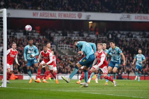 LONDON, ENGLAND - APRIL 21: Duje Caleta-Car of Southampton scores the team's third goal during the Premier League match between Arsenal FC and Southampton FC at Emirates Stadium on April 21, 2023 in London, England. 