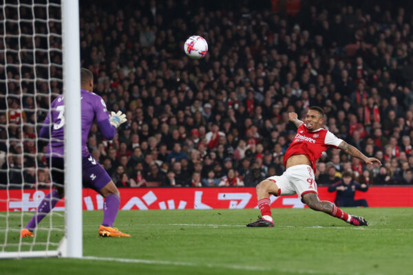 LONDON, ENGLAND - APRIL 21: Gabriel Jesus of Arsenal shoots wide during the Premier League match between Arsenal FC and Southampton FC at Emirates Stadium on April 21, 2023 in London, England. 