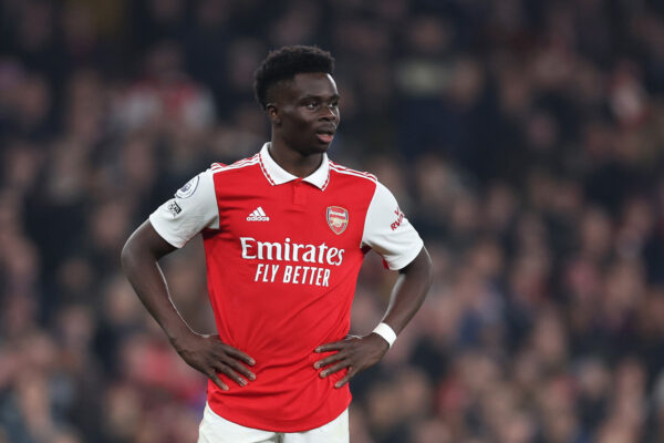 LONDON, ENGLAND - APRIL 21: Bukayo Saka of Arsenal looks dejected following their draw in the Premier League match between Arsenal FC and Southampton FC at Emirates Stadium on April 21, 2023 in London, England. 
