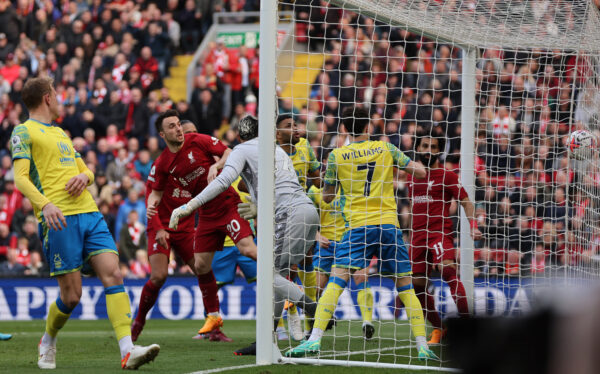 LIVERPOOL, ENGLAND - APRIL 22: Diogo Jota of Liverpool celebrates after scoring the team's first goal during the Premier League match between Liverpool FC and Nottingham Forest at Anfield on April 22, 2023 in Liverpool, England. 