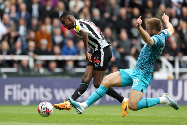 NEWCASTLE UPON TYNE, ENGLAND - APRIL 23: Alexander Isak of Newcastle United scores the team's fourth goal during the Premier League match between Newcastle United and Tottenham Hotspur at St. James Park on April 23, 2023 in Newcastle upon Tyne, England. 