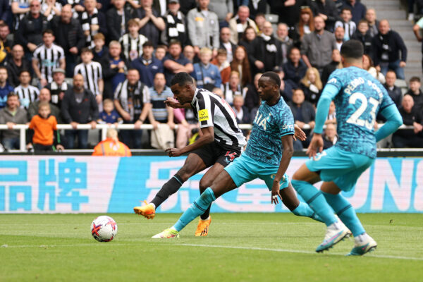 NEWCASTLE UPON TYNE, ENGLAND - APRIL 23: Alexander Isak of Newcastle United scores the team's fifth goal during the Premier League match between Newcastle United and Tottenham Hotspur at St. James Park on April 23, 2023 in Newcastle upon Tyne, England. 
