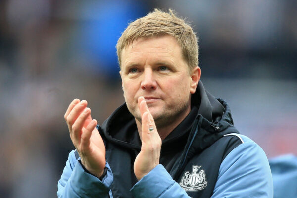 Newcastle United's English head coach Eddie Howe applauds the fans following the English Premier League football match between Newcastle United and Tottenham Hotspur at St James' Park in Newcastle-upon-Tyne, north east England on April 23, 2023. - Newcastle won the match 6-1. (Photo by Lindsey Parnaby / AFP) / RESTRICTED TO EDITORIAL USE. No use with unauthorized audio, video, data, fixture lists, club/league logos or 'live' services. Online in-match use limited to 120 images. An additional 40 images may be used in extra time. No video emulation. Social media in-match use limited to 120 images. An additional 40 images may be used in extra time. No use in betting publications, games or single club/league/player publications. / 