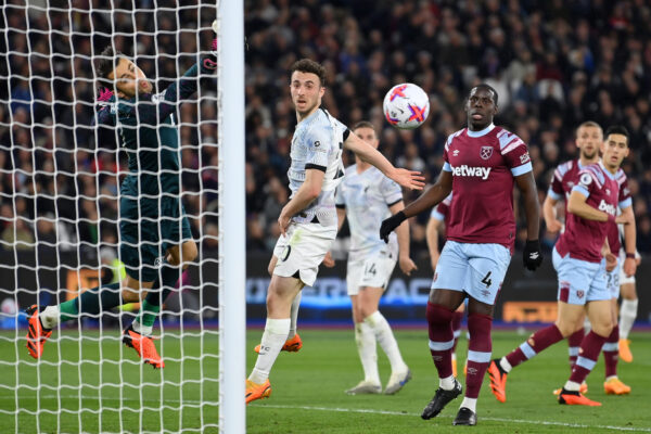 LONDON, ENGLAND - APRIL 26: Diogo Jota of Liverpool misses a chance as Lukasz Fabianski of West Ham United looks on during the Premier League match between West Ham United and Liverpool FC at London Stadium on April 26, 2023 in London, England. 