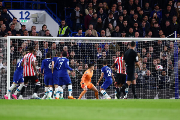 LONDON, ENGLAND - APRIL 26: Kepa Arrizabalaga looks on as Cesar Azpilicueta of Chelsea concedes an own goal, the first goal for Brentford, during the Premier League match between Chelsea FC and Brentford FC at Stamford Bridge on April 26, 2023 in London, England. 