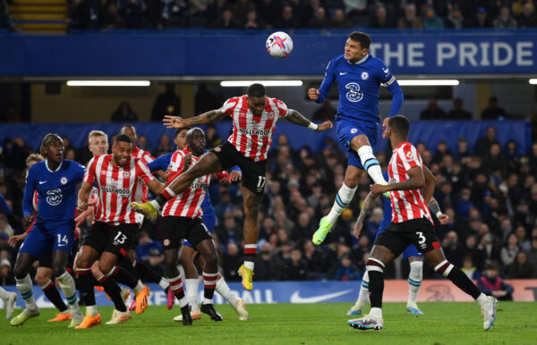 LONDON, ENGLAND - APRIL 26: Thiago Silva of Chelsea contends for the aerial ball with Ivan Toney of Brentford during the Premier League match between Chelsea FC and Brentford FC at Stamford Bridge on April 26, 2023 in London, England. 