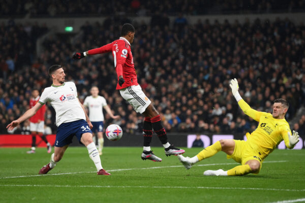 LONDON, ENGLAND - APRIL 27: Fraser Forster of Tottenham Hotspur saves a shot from Marcus Rashford of Manchester United during the Premier League match between Tottenham Hotspur and Manchester United at Tottenham Hotspur Stadium on April 27, 2023 in London, England. 