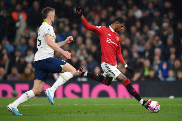 LONDON, ENGLAND - APRIL 27: Marcus Rashford of Manchester United scores the team's second goal during the Premier League match between Tottenham Hotspur and Manchester United at Tottenham Hotspur Stadium on April 27, 2023 in London, England. 