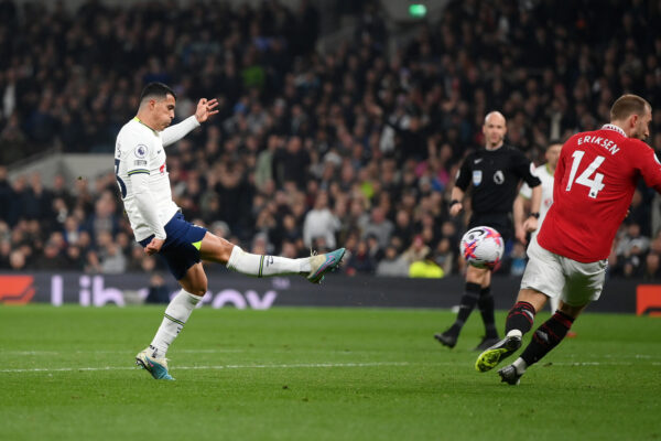 LONDON, ENGLAND - APRIL 27: Pedro Porro of Tottenham Hotspur scores the team's first goal during the Premier League match between Tottenham Hotspur and Manchester United at Tottenham Hotspur Stadium on April 27, 2023 in London, England. 