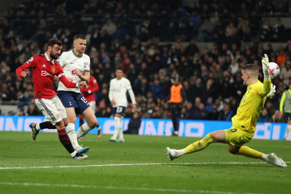 LONDON, ENGLAND - APRIL 27: Bruno Fernandes of Manchester United shoots and hits the bar during the Premier League match between Tottenham Hotspur and Manchester United at Tottenham Hotspur Stadium on April 27, 2023 in London, England. 