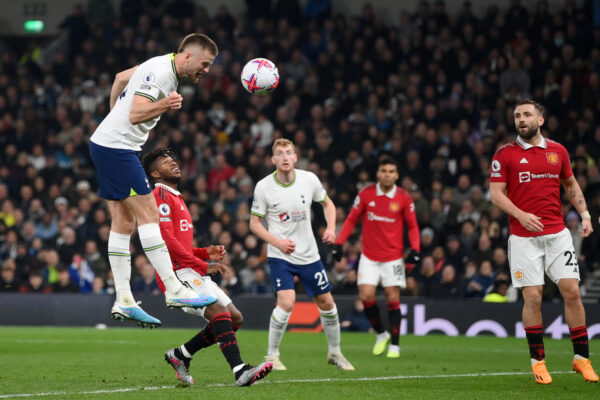 LONDON, ENGLAND - APRIL 27: Eric Dier of Tottenham Hotspur misses a headed chance during the Premier League match between Tottenham Hotspur and Manchester United at Tottenham Hotspur Stadium on April 27, 2023 in London, England. 