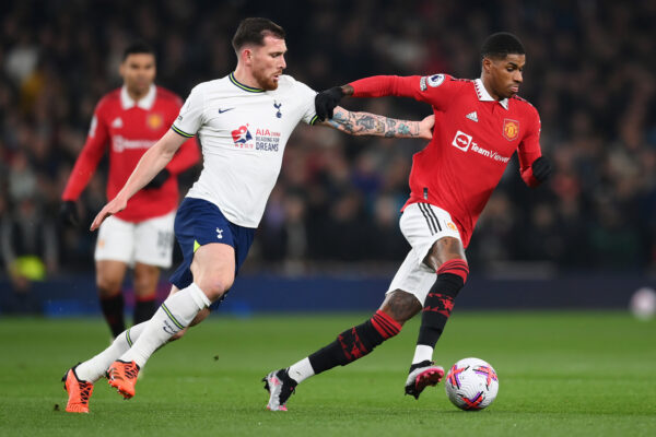 LONDON, ENGLAND - APRIL 27: Marcus Rashford of Manchester United battles for possession with Pierre-Emile Hojbjerg of Tottenham Hotspur during the Premier League match between Tottenham Hotspur and Manchester United at Tottenham Hotspur Stadium on April 27, 2023 in London, England. 