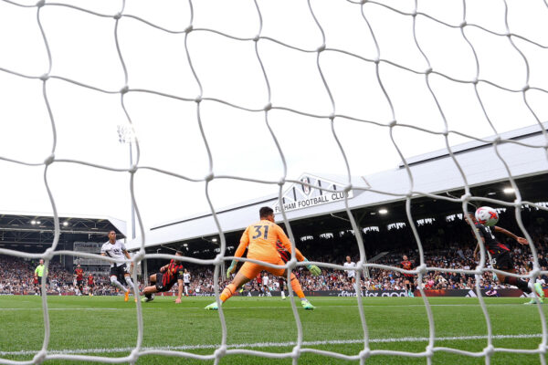 LONDON, ENGLAND - APRIL 30: Carlos Vinicius of Fulham scores the team's first goal past Ederson of Manchester City during the Premier League match between Fulham FC and Manchester City at Craven Cottage on April 30, 2023 in London, England. 