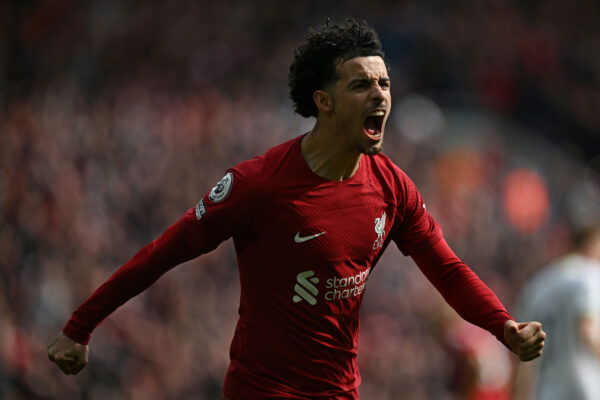 Liverpool's English midfielder Curtis Jones celebrates after scoring the opening goal of the English Premier League football match between Liverpool and Tottenham Hotspur at Anfield in Liverpool, north west England on April 30, 2023. (Photo by Paul ELLIS / AFP) / RESTRICTED TO EDITORIAL USE. No use with unauthorized audio, video, data, fixture lists, club/league logos or 'live' services. Online in-match use limited to 120 images. An additional 40 images may be used in extra time. No video emulation. Social media in-match use limited to 120 images. An additional 40 images may be used in extra time. No use in betting publications, games or single club/league/player publications. / 