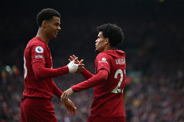 Liverpool's Dutch striker Cody Gakpo (L) celebrates with Liverpool's Colombian midfielder Luis Diaz (R) after Diaz scores their second goal during the English Premier League football match between Liverpool and Tottenham Hotspur at Anfield in Liverpool, north west England on April 30, 2023. (Photo by Paul ELLIS / AFP) / RESTRICTED TO EDITORIAL USE. No use with unauthorized audio, video, data, fixture lists, club/league logos or 'live' services. Online in-match use limited to 120 images. An additional 40 images may be used in extra time. No video emulation. Social media in-match use limited to 120 images. An additional 40 images may be used in extra time. No use in betting publications, games or single club/league/player publications. / 