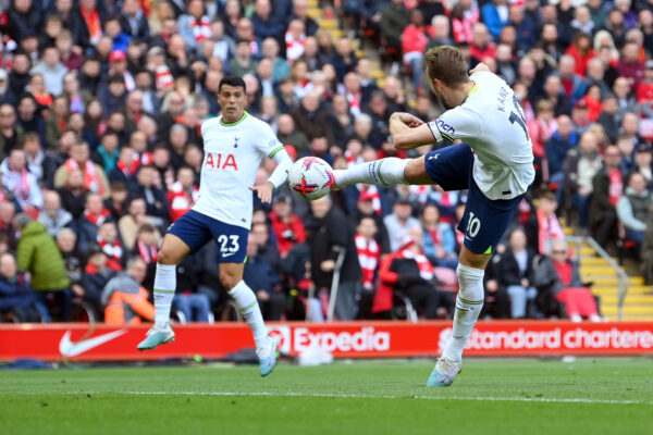 LIVERPOOL, ENGLAND - APRIL 30: Harry Kane of Tottenham Hotspur scores the team's first goal during the Premier League match between Liverpool FC and Tottenham Hotspur at Anfield on April 30, 2023 in Liverpool, England. 