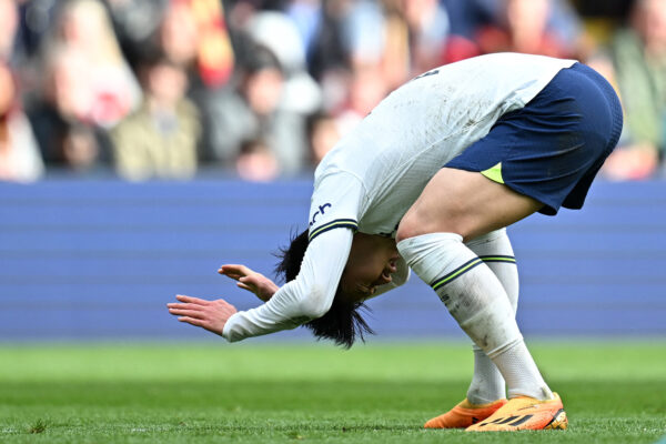 Tottenham Hotspur's South Korean striker Son Heung-Min reacts after hitting the post during the English Premier League football match between Liverpool and Tottenham Hotspur at Anfield in Liverpool, north west England on April 30, 2023. (Photo by Paul ELLIS / AFP) / RESTRICTED TO EDITORIAL USE. No use with unauthorized audio, video, data, fixture lists, club/league logos or 'live' services. Online in-match use limited to 120 images. An additional 40 images may be used in extra time. No video emulation. Social media in-match use limited to 120 images. An additional 40 images may be used in extra time. No use in betting publications, games or single club/league/player publications. / 