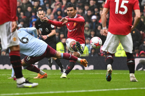 Manchester United's Brazilian midfielder Casemiro takes a during the English Premier League football match between Manchester United and Aston Villa at Old Trafford in Manchester, north west England, on April 30, 2023. (Photo by Oli SCARFF / AFP) / RESTRICTED TO EDITORIAL USE. No use with unauthorized audio, video, data, fixture lists, club/league logos or 'live' services. Online in-match use limited to 120 images. An additional 40 images may be used in extra time. No video emulation. Social media in-match use limited to 120 images. An additional 40 images may be used in extra time. No use in betting publications, games or single club/league/player publications. / 