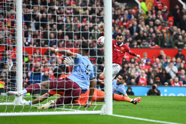 MANCHESTER, ENGLAND - APRIL 30: Bruno Fernandes of Manchester United scores the team's first goal during the Premier League match between Manchester United and Aston Villa at Old Trafford on April 30, 2023 in Manchester, England. 