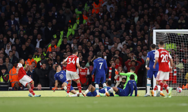 LONDON, ENGLAND - MAY 02: Gabriel Jesus of Arsenal scores the team's third goal during the Premier League match between Arsenal FC and Chelsea FC at Emirates Stadium on May 02, 2023 in London, England. 