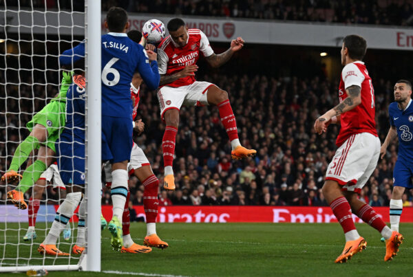 Arsenal's Brazilian defender Gabriel Magalhaes attempts a head at goal during the English Premier League football match between Arsenal and Chelsea at the Emirates Stadium, in London, on May 2, 2023. (Photo by Ben Stansall / AFP) / RESTRICTED TO EDITORIAL USE. No use with unauthorized audio, video, data, fixture lists, club/league logos or 'live' services. Online in-match use limited to 120 images. An additional 40 images may be used in extra time. No video emulation. Social media in-match use limited to 120 images. An additional 40 images may be used in extra time. No use in betting publications, games or single club/league/player publications. / 