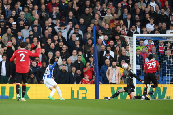 BRIGHTON, ENGLAND - MAY 04: Kaoru Mitoma of Brighton & Hove Albion has his shot saved by David De Gea of Manchester United during the Premier League match between Brighton & Hove Albion and Manchester United at American Express Community Stadium on May 04, 2023 in Brighton, England. 