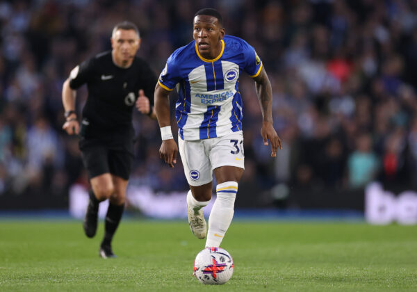 BRIGHTON, ENGLAND - MAY 04: Pervis Estupinan of Brighton & Hove Albion controls the ball during the Premier League match between Brighton & Hove Albion and Manchester United at American Express Community Stadium on May 04, 2023 in Brighton, England. 
