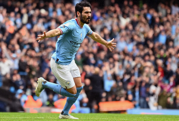 MANCHESTER, ENGLAND - MAY 06: Ilkay Guendogan of Manchester City celebrates after scoring their sides first goal during the Premier League match between Manchester City and Leeds United at Etihad Stadium on May 06, 2023 in Manchester, England. 
