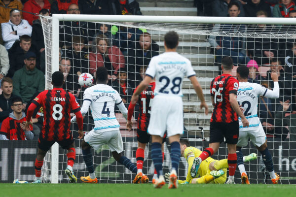 Chelsea's French defender Benoit Badiashile (2ndL) scores his team's second goal during the English Premier League football match between Bournemouth and Chelsea at the Vitality Stadium in Bournemouth, southern England on May 6, 2023. (Photo by Ian Kington / AFP) / RESTRICTED TO EDITORIAL USE. No use with unauthorized audio, video, data, fixture lists, club/league logos or 'live' services. Online in-match use limited to 120 images. An additional 40 images may be used in extra time. No video emulation. Social media in-match use limited to 120 images. An additional 40 images may be used in extra time. No use in betting publications, games or single club/league/player publications. / 
