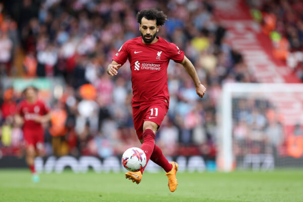 LIVERPOOL, ENGLAND - MAY 06: Mohamed Salah of Liverpool controls the ball during the Premier League match between Liverpool FC and Brentford FC at Anfield on May 06, 2023 in Liverpool, England. 
