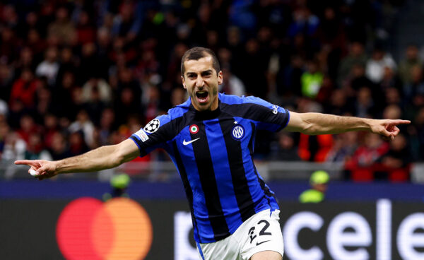 MILAN, ITALY - MAY 10: Henrikh Mkhitaryan of FC Internazionale celebrates after scoring the team's second goal during the UEFA Champions League semi-final first leg match between AC Milan and FC Internazionale at San Siro on May 10, 2023 in Milan, Italy. 