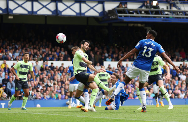 LIVERPOOL, ENGLAND - MAY 14: Ilkay Guendogan of Manchester City scores the team's first goal during the Premier League match between Everton FC and Manchester City at Goodison Park on May 14, 2023 in Liverpool, England. 
