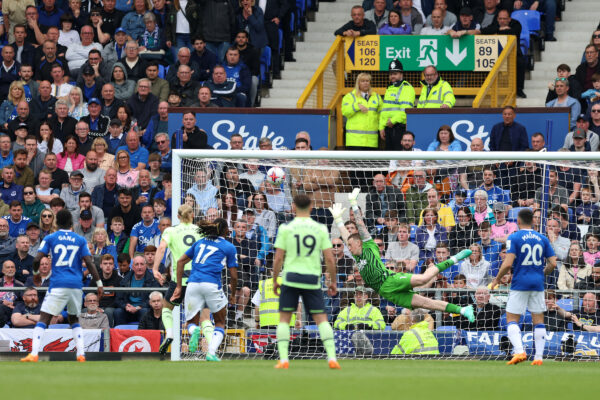 LIVERPOOL, ENGLAND - MAY 14: Jordan Pickford of Everton fails to save a free kick from Ilkay Guendogan of Manchester City (not pictured) which leads to their sides third goal during the Premier League match between Everton FC and Manchester City at Goodison Park on May 14, 2023 in Liverpool, England. 
