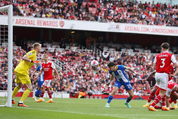 LONDON, ENGLAND - MAY 14: Julio Enciso of Brighton & Hove Albion scores the team's first goal during the Premier League match between Arsenal FC and Brighton & Hove Albion at Emirates Stadium on May 14, 2023 in London, England. 