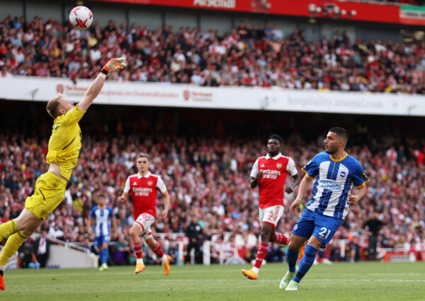 LONDON, ENGLAND - MAY 14: Deniz Undav of Brighton & Hove Albion scores the team's second goal during the Premier League match between Arsenal FC and Brighton & Hove Albion at Emirates Stadium on May 14, 2023 in London, England. 