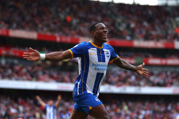 LONDON, ENGLAND - MAY 14: Pervis Estupinan of Brighton & Hove Albion celebrates after scoring the team's third goal during the Premier League match between Arsenal FC and Brighton & Hove Albion at Emirates Stadium on May 14, 2023 in London, England. 