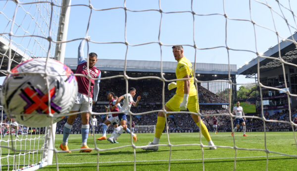 BIRMINGHAM, ENGLAND - MAY 13: Fraser Forster of Tottenham Hotspur fails to save a the first goal by Jacob Ramsey of Aston Villa during the Premier League match between Aston Villa and Tottenham Hotspur at Villa Park on May 13, 2023 in Birmingham, England. 