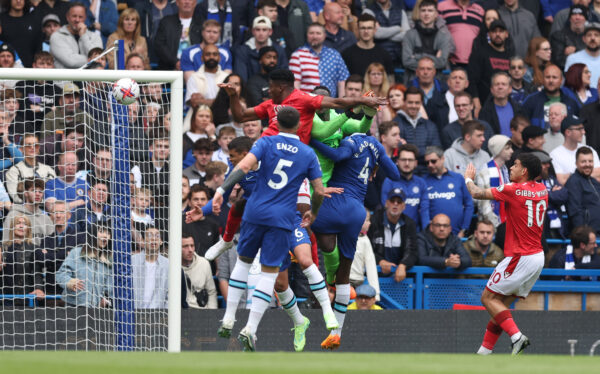 LONDON, ENGLAND - MAY 13: Taiwo Awoniyi of Nottingham Forest scores the team's first goal during the Premier League match between Chelsea FC and Nottingham Forest at Stamford Bridge on May 13, 2023 in London, England. 