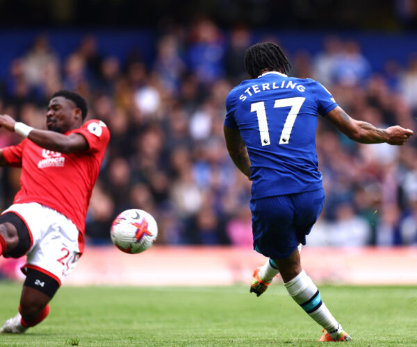 LONDON, ENGLAND - MAY 13: Raheem Sterling of Chelsea scores the team's second goal during the Premier League match between Chelsea FC and Nottingham Forest at Stamford Bridge on May 13, 2023 in London, England. 