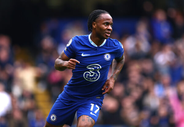 LONDON, ENGLAND - MAY 13: Raheem Sterling of Chelsea celebrates after scoring the team's second goal during the Premier League match between Chelsea FC and Nottingham Forest at Stamford Bridge on May 13, 2023 in London, England. 
